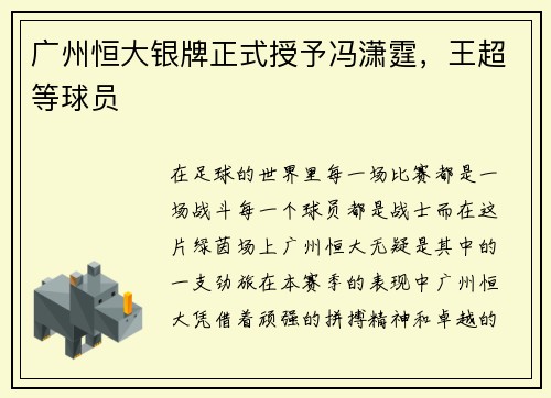 广州恒大银牌正式授予冯潇霆，王超等球员