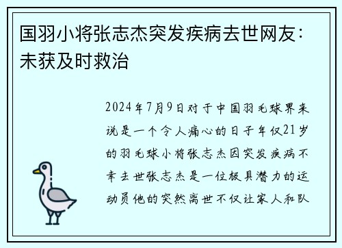 国羽小将张志杰突发疾病去世网友：未获及时救治