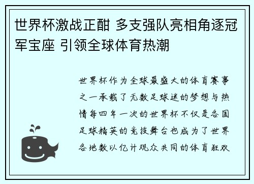 世界杯激战正酣 多支强队亮相角逐冠军宝座 引领全球体育热潮