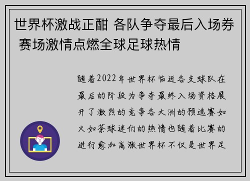 世界杯激战正酣 各队争夺最后入场券 赛场激情点燃全球足球热情