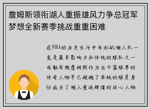 詹姆斯领衔湖人重振雄风力争总冠军梦想全新赛季挑战重重困难
