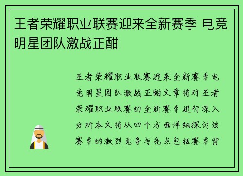 王者荣耀职业联赛迎来全新赛季 电竞明星团队激战正酣