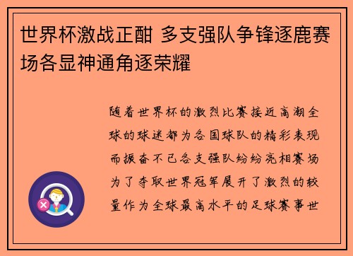 世界杯激战正酣 多支强队争锋逐鹿赛场各显神通角逐荣耀